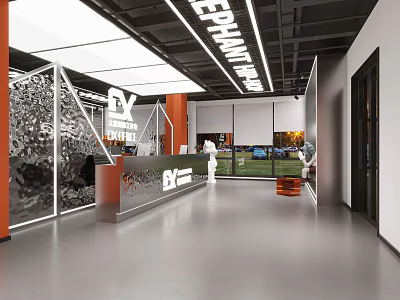 Modern Company Reception Area Interior Design With Elephant Logo Glass Partitions And Lighting 3d model