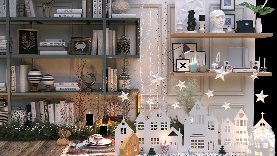 Elegant Bookcase with Books Decorative Items Small House Models Star Lights and Greenery Setup 3d model 