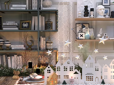 Elegant Bookcase with Books Decorative Items Small House Models Star Lights and Greenery Setup 3d model