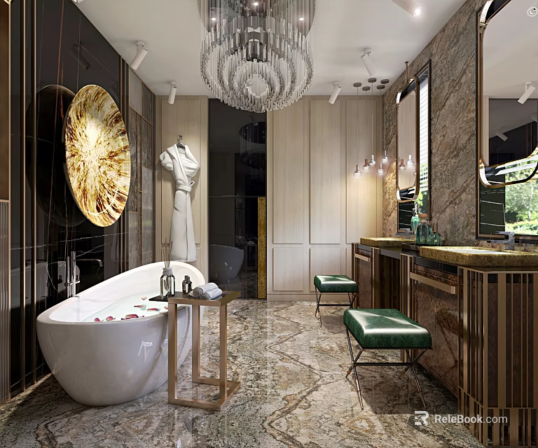 Luxurious Hotel Bathroom Interior With Freestanding Bathtub Marble Floor Chandelier And Round Mirror 3d model 