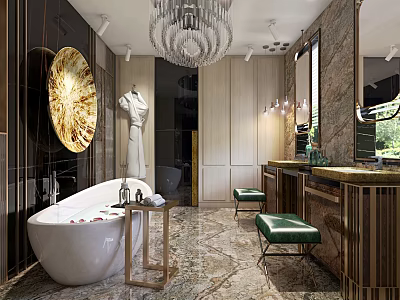 Luxurious Hotel Bathroom Interior With Freestanding Bathtub Marble Floor Chandelier And Round Mirror 3d model