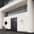 Modern Sales Office Exterior With White Facade Black Door And Glass Windows