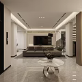 Modern Kitchen Interior Featuring White Gray Cabinets Marble Countertops Appliances And Gray Tiled Flooring