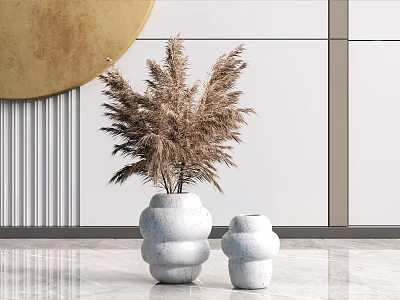 Two White Stacked Vases With Dried Pampas Grass And Golden Circular Decor On Marble Floor 3d model