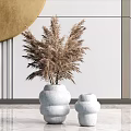 Two White Stacked Vases With Dried Pampas Grass And Golden Circular Decor On Marble Floor