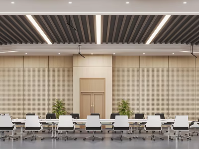 Modern Conference Room With Long Table Chairs And Plants 3d model