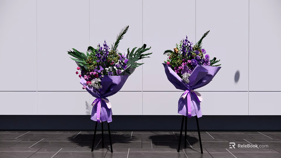 Elegant Floral Display With Purple Wrapped Bouquets On Black Tripods Against White Wall 3d model 