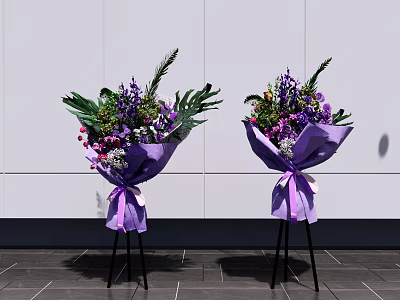 Elegant Floral Display With Purple Wrapped Bouquets On Black Tripods Against White Wall 3d model