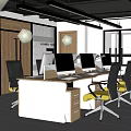 Modern Public Office Space With Open Layout Desks Computers And Yellow Chairs 3d model
