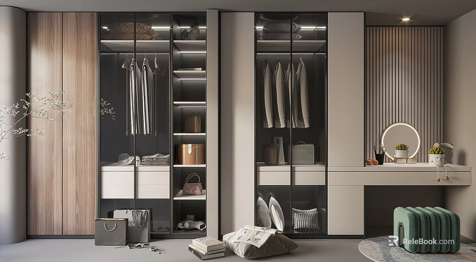 Modern Wardrobe With Glass Doors Interior Storage Hanging Clothes Storage Boxes Dressing Table And Mirror 3d model 