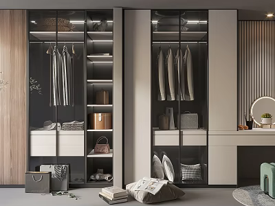 Modern Wardrobe With Glass Doors Interior Storage Hanging Clothes Storage Boxes Dressing Table And Mirror 3d model