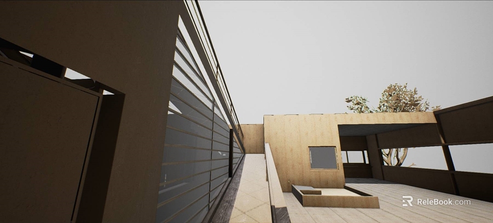 Modern Single Family Villa Exterior With Wooden Facade Large Windows And Terrace 3d model 