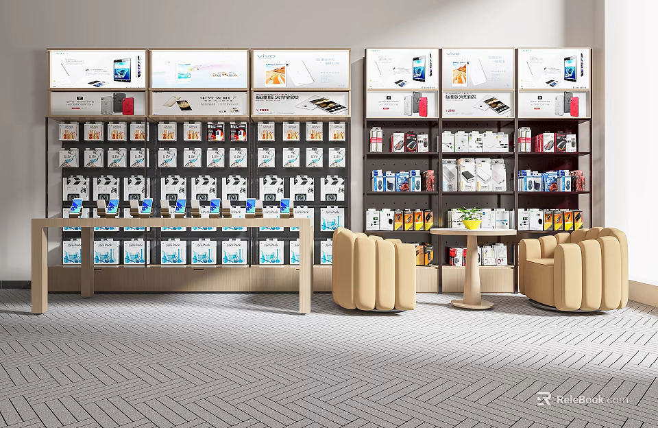 Modern Display Shelves with Electronic Products and Bottled Items in Retail Space with Beige Sofas 3d model 