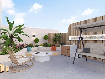 Elegant Villa Balcony With Outdoor Furniture Green Plants Swing Chair And Coffee Table 3d model