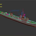 Warship Model With Gray Hull Red Bottom Turrets And Masts On
