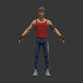 3D Character Model in Three Angles With Red Tank Top Blue Sweatpants Cap and Wristbands