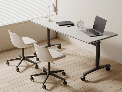 White Office Desk And Chair Set With Wheels Laptop Notebook Clock And Desk Lamp 3d model