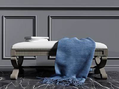 Elegant Wooden Bench With White Cushion And Blue Throw Blanket 3d model