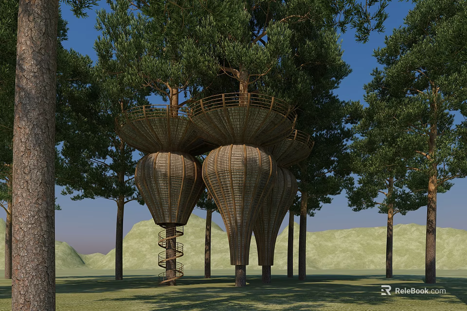 Woven Dome Shaped Treehouse Structure With Spiral Staircase Surrounded By Trees 3d model