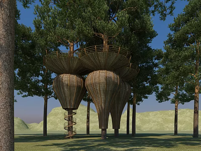 Woven Dome Shaped Treehouse Structure With Spiral Staircase Surrounded By Trees 3d model