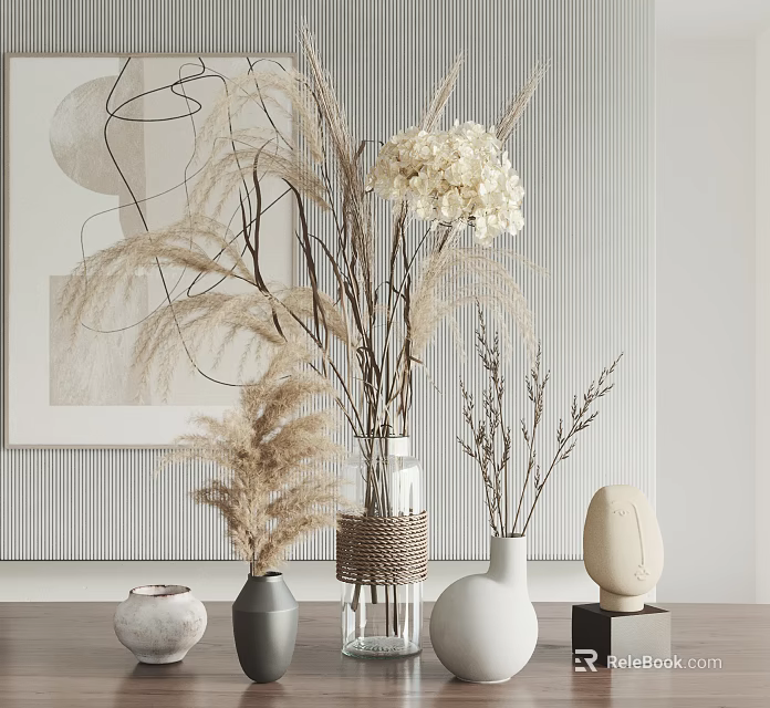 Modern Mixed Material Vases With Dried Pampas Grass And White Hydrangea For Home Decor 3d model 