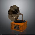 Vintage Gramophone Electronic Appliance With Brass Horn Orange Base And Ornate Turntable
