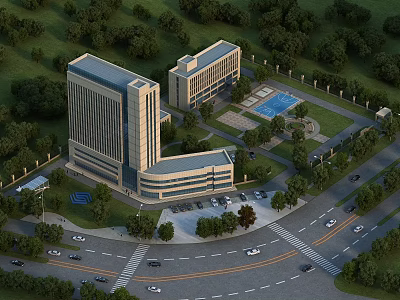 Modern Office Building With Green Landscaping Parking Area And Surrounding Trees 3d model