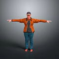 A Man With Cap In Brown Jacket Black T-shirt Blue Jeans Arms Outstretched Gray Background