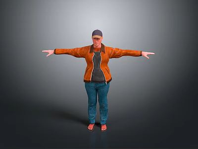 A Man With Cap In Brown Jacket Black T-shirt Blue Jeans Arms Outstretched Gray Background 3d model