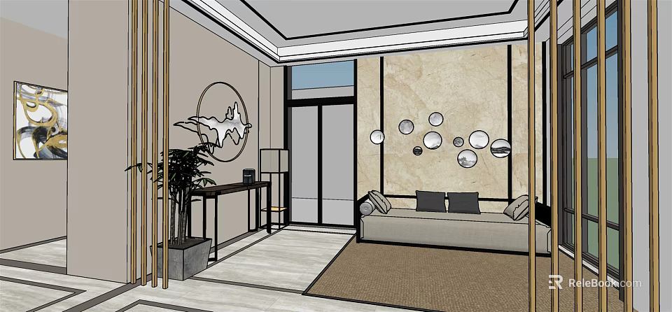 Modern Reception Area Interior With Sofa Decorative Wall Circular Decorations And Plant 3d model 