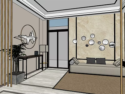 Modern Reception Area Interior With Sofa Decorative Wall Circular Decorations And Plant 3d model