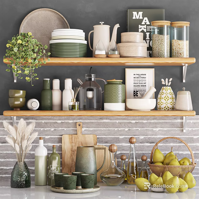 Organized Kitchen Shelves With Stacked Plates Jars Kettle Cutting Board And Pear Basket 3d model 