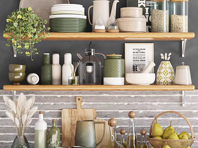 Organized Kitchen Shelves With Stacked Plates Jars Kettle Cutting Board And Pear Basket 3d model
