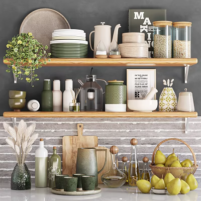 Organized Kitchen Shelves With Stacked Plates Jars Kettle Cutting Board And Pear Basket 3d model