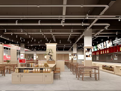 Modern Restaurant Interior Design With Open Layout Wooden Tables Chairs And Ceiling Lights 3d model