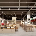 Modern Restaurant Interior Design With Open Layout Wooden Tables Chairs And Ceiling Lights