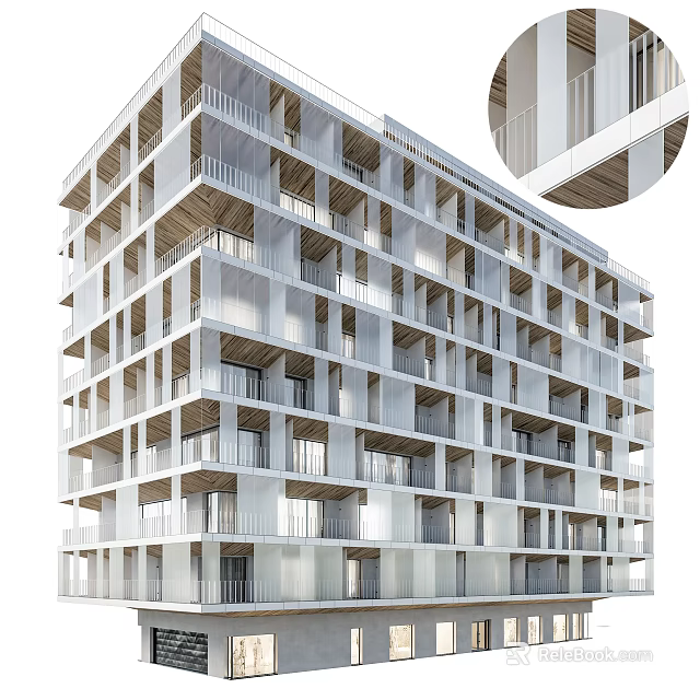 Modern Residential Building With Multi Storey Structure Geometric Balconies White Facade And Glass Windows 3d model 