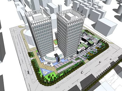 Modern Twin High Rise Office Buildings With Landscaped Plaza And Urban Green Spaces 3d model
