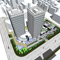 Modern Twin High Rise Office Buildings With Landscaped Plaza And Urban Green Spaces