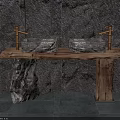 Natural Stone Washbasin Vanity With Wooden Countertop Two Stone Sinks And Stone Wall