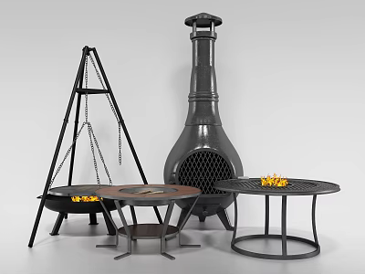 Outdoor Fireplace Design With Chimney Style Tripod Fire Pit And Round Fire Tables 3d model