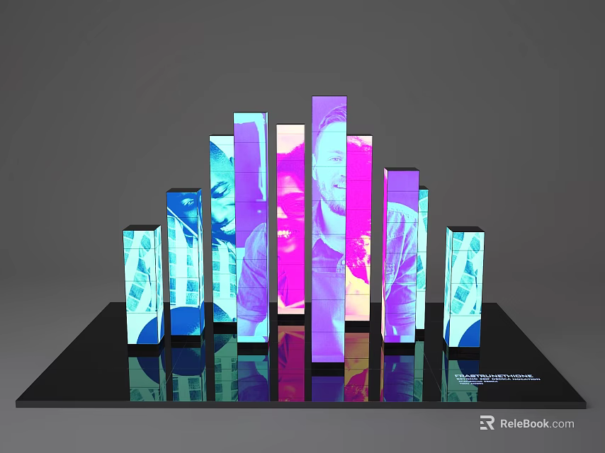 Colorful Vertical Columns With Digital Screens On Reflective Modern Platform 3d model 