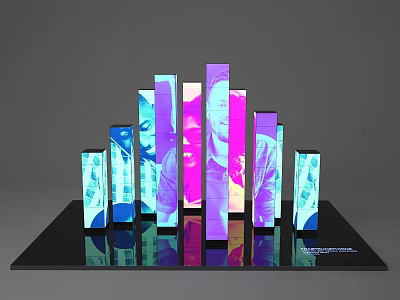 Colorful Vertical Columns With Digital Screens On Reflective Modern Platform 3d model