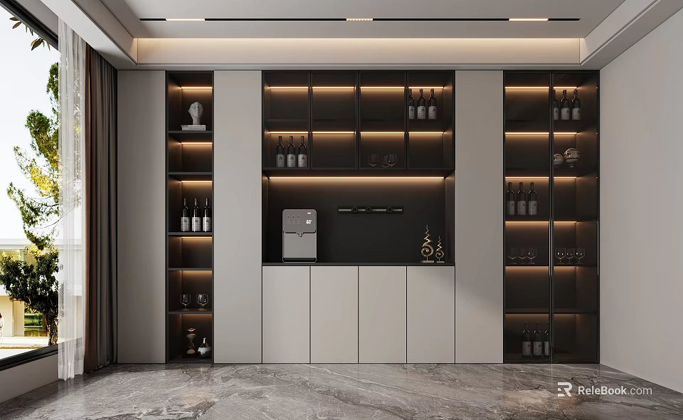 Modern Wine Cabinet Design With LED Lighting And Multiple Shelves For Wine Bottles And Glasses 3d model 