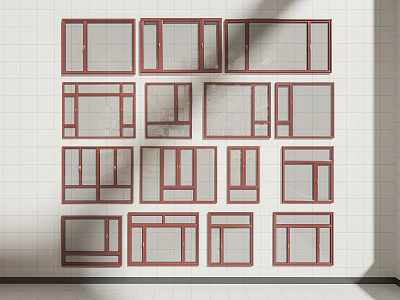 Various Styles Of Casement Windows With Brown Frames Displayed On White Wall Surface 3d model