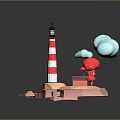 Red White Striped Lighthouse On Island With Red House Small Boat Blue Water And Clouds