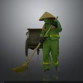 A Man Wearing Green Work Uniform And Conical Hat Sweeping With Broom And Handcart