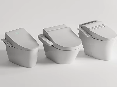 Three Modern White Smart Toilets With Sleek Design And Functional Control Panels 3d model