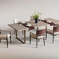 Modern Dining Table Set with Mixed Color Chairs and Tableware with Potted Plant 3d model