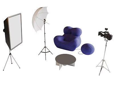 Commercial Studio Photography Equipment With Softbox Umbrella Bean Bag Chair Small Table And Camera Stand 3d model